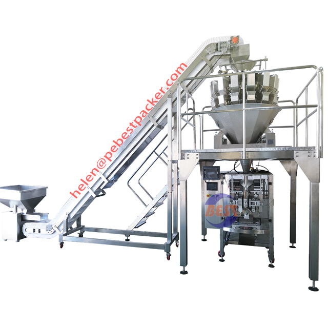 Automatic IQF Packing System With Multihead Weigher Green Peas Chopped Carrot Okra Prawns Shrimps Package